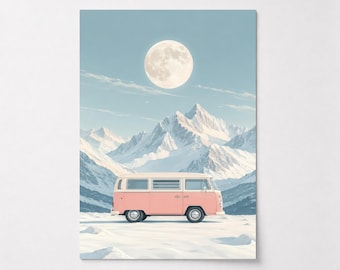 Pink Retro Camper Van Mountain Print, Minimalist Wall Art (Digital Download)