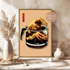 Japanese Art Meets Coffee Love – Funny Digital Print with Coffee Wave, Hokusai Inspired Design for Modern Wall Decor