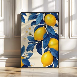 Digitale print van citroenmuurkunst, keuken, zomerdecoratie met blauwe bladeren, botanische poster, citrusprint, fruitprint voor de eetkamer