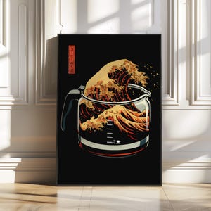 Dark Japanese Wave Coffee Poster – Bold Kanagawa-Style Wall Art for Kitchen, Bar or Office, Digital Download