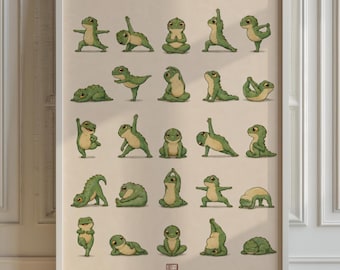 Yoga Frogs Grid Poster, Cartoon Animal Wall Art, Muted Palette Print
