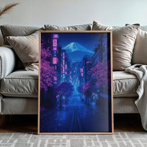 May include: A digital art print of a city street at night with pink cherry blossoms and a mountain in the distance. The street is lit with neon lights and the buildings are tall and modern.