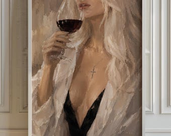 Woman Sipping Red Wine Poster, Elegant Living Room Wall Art