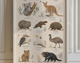 Australian Animals Chart Poster, Nursery Room Decor, Kids Bedroom Wall Art