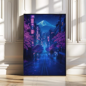 Póster ciberpunk con flores de cerezo y el monte Fuji como impresión artística del Japón futurista para sala de estar, dormitorio o decoración de pared de juegos.