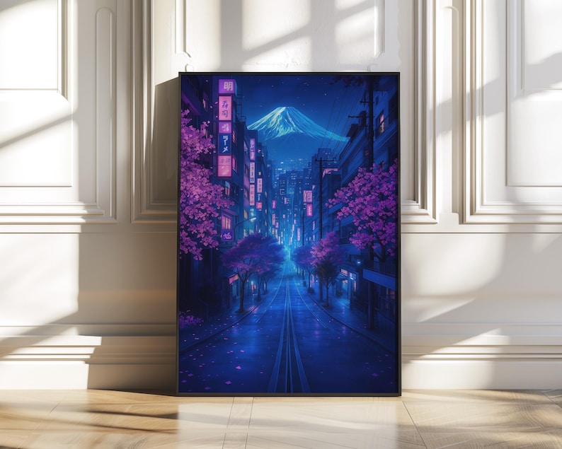 May include: A digital illustration of a street scene in Japan at night. The street is lined with buildings and cherry blossom trees. The mountain in the background is lit up with pink and blue lights. The street is empty and the air is filled with a sense of peace and tranquility.
