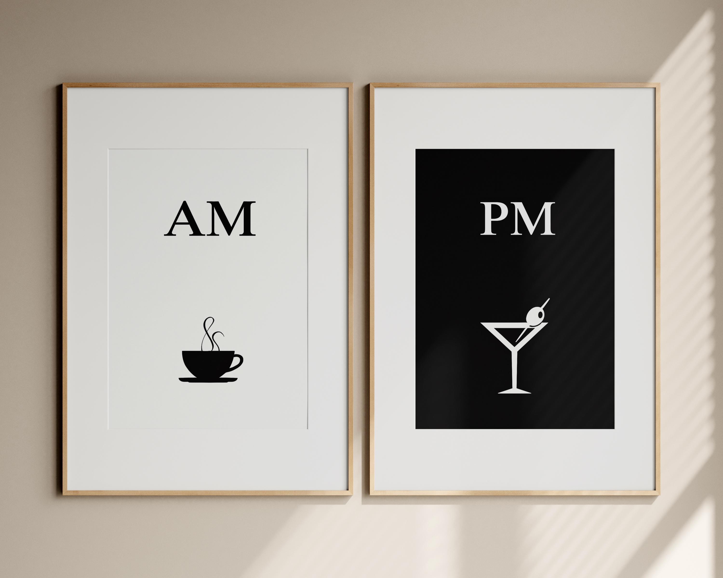 Kaffe & Cocktail AM/PM plakatsæt, minimalistisk line art (sæt med 2)