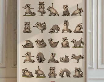 Yoga Raccoons Print, Living Room Wall Art, Funny Animal Poster