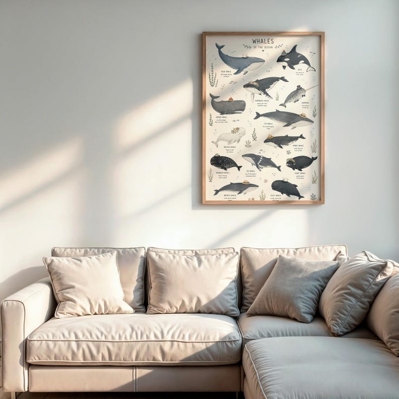 Whale Species Chart Art Print, Educational Ocean Poster, Bathroom Kids Room Decor image 3