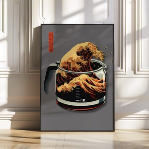 Modern Japanese Coffee Poster with Gray Background – Wave Wall Art for Kitchen or Office, Digital Download