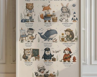 Animal Professions Poster, Nursery Wall Art, Kids Room Decor