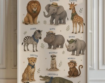 Safari Animal Alphabet Poster, Nursery Wall Art, Kids Room Decor