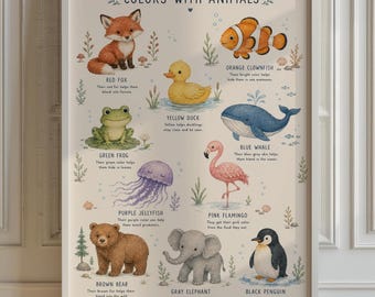 Watercolor Animal Color Chart Poster, Nursery Playroom Wall Art