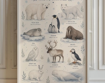 Arctic Animals Chart Poster, Educational Living Room Wall Art, Nursery Decor