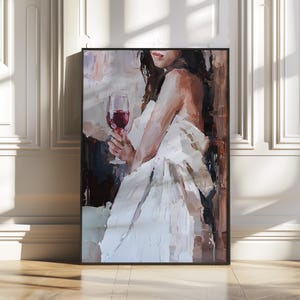 Woman Holding Red Wine Glass in Modern Digital Painting Style as Elegant Wall Art for Living Room or Bedroom, Printable Female Artwork