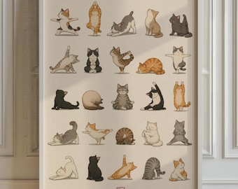 Yoga Cats Poster, Colorful Cat Grid Living Room Wall Art