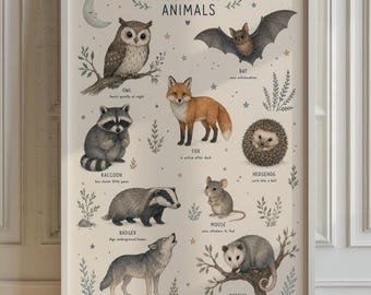 Nocturnal Animals Poster, Nursery Wall Art Chart, Moonlit Woodland Room Decor