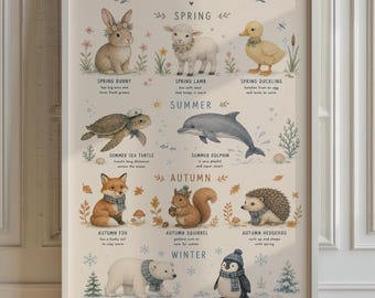 Four Seasons Animals Poster, Nursery Wall Art, Watercolor Room Decor