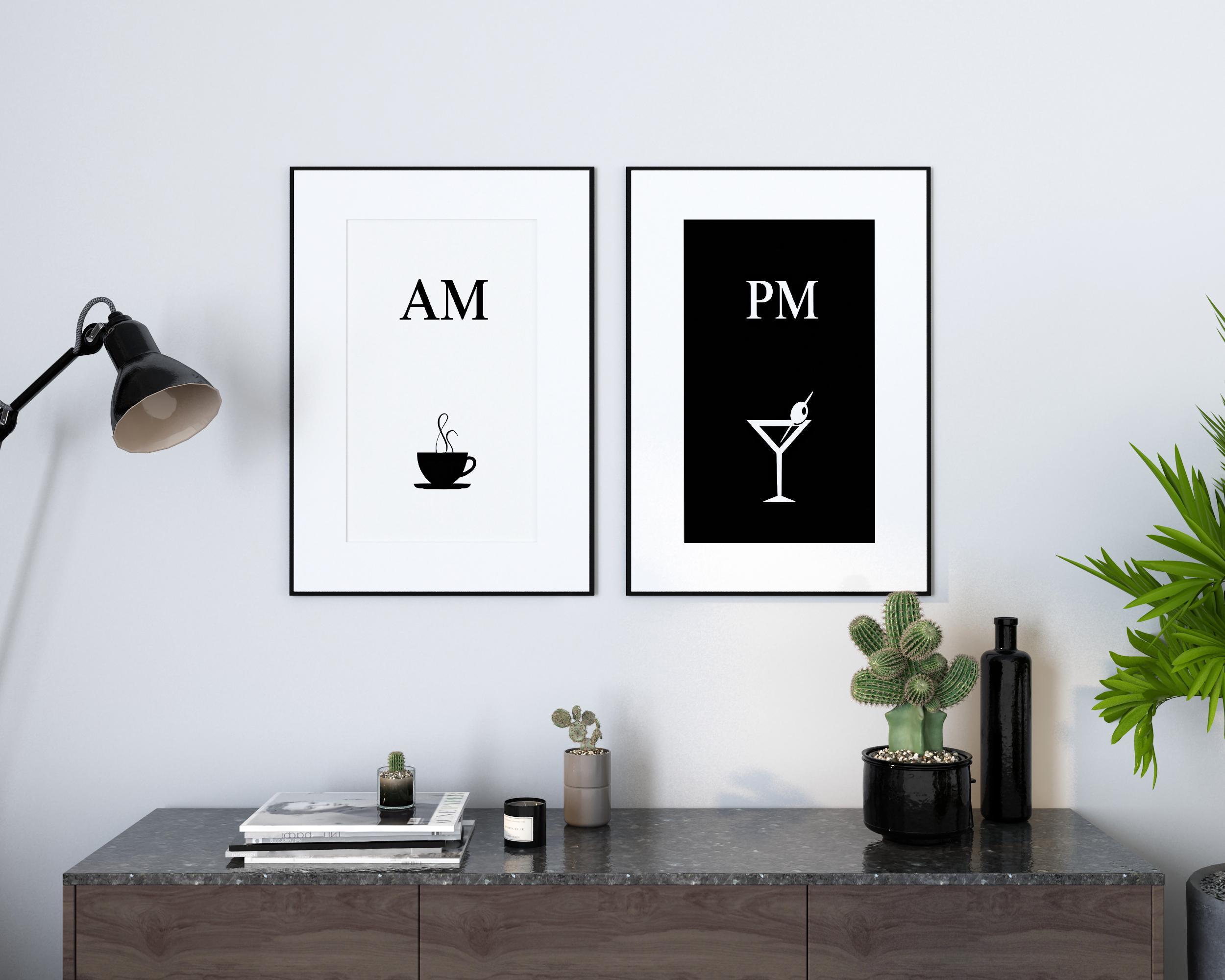 Kaffe & Cocktail AM/PM plakatsæt, minimalistisk line art (sæt med 2)