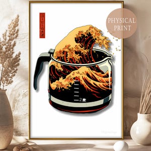 Japanese Art Meets Coffee Love – Funny Digital Print with Coffee Wave, Hokusai Inspired Design for Modern Wall Decor