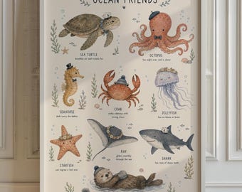 Ocean Friends Chart Poster, Baby Boy Nursery Wall Art, Watercolor Sea Creatures
