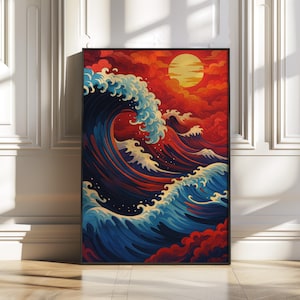 Japanese wave art with red sunset – Digital ocean print in Hokusai style for modern decor – Instant download wall poster
