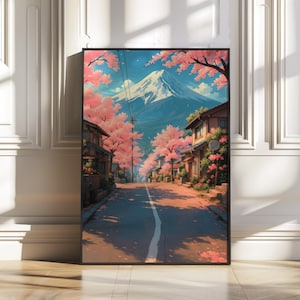 Japan Street Poster, Mount Fuji Cherry Blossom Landscape in Anime Style, Peaceful Digital Wall Art for Home & Office, Digital Download