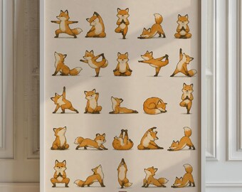 Yoga Fox Grid Print, Calm Tones, Living Room Wall Art, Whimsical Animal Poster