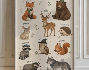 Woodland Nursery Art Chart, Labeled Animal Poster, Living Room Wall Art
