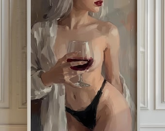 Woman with Wine Portrait Poster, Moody Living Room Wall Art, Modern Bar Decor