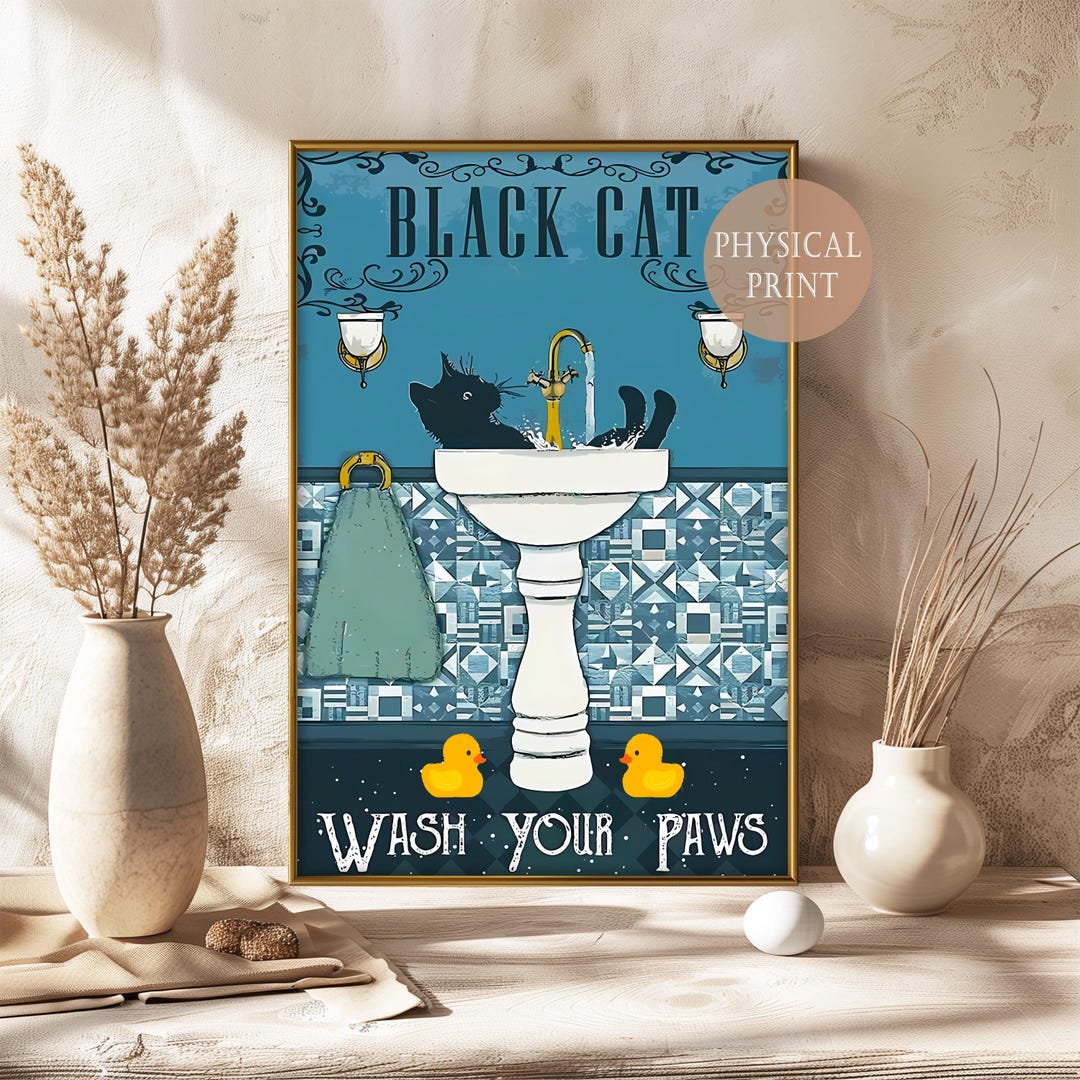 Black Cat Bathroom Poster, Wash Your Paws Wall Art, Vintage Retro Print ...
