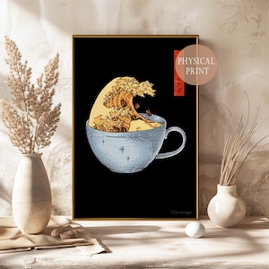 Japanese Coffee Wave Poster - The Great Wave - Hokusai inspired artwork with coffee cup - wall decoration for coffee lovers