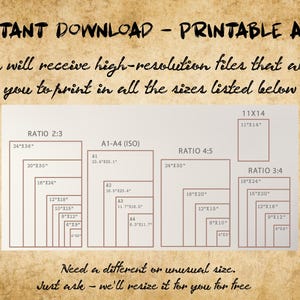 May include: A chart showing different print sizes for printable art. The chart includes sizes in inches and ratios for 2:3, 3:4, and 4:5. The text "INSTANT DOWNLOAD - PRINTABLE ART" is at the top of the chart. The text "You will receive high-resolution files that allow you to print in all the sizes listed below" is below the title. The text "Need a different or unusual size. Just ask - we'll resize it for you for free" is at the bottom of the chart.