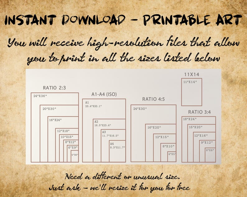 May include: A chart showing different print sizes for printable art. The chart includes sizes in inches and ratios for 2:3, 3:4, and 4:5. The text "INSTANT DOWNLOAD - PRINTABLE ART" is at the top of the chart. The text "You will receive high-resolution files that allow you to print in all the sizes listed below" is below the title. The text "Need a different or unusual size. Just ask - we'll resize it for you for free" is at the bottom of the chart.