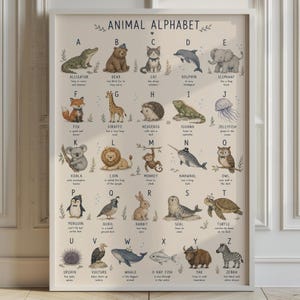 May include: A beige educational poster titled ANIMAL ALPHABET featuring illustrations of animals from A to Z. Each letter corresponds to an animal like an alligator, bear, cat, and zebra, accompanied by a short descriptive sentence in black text.
