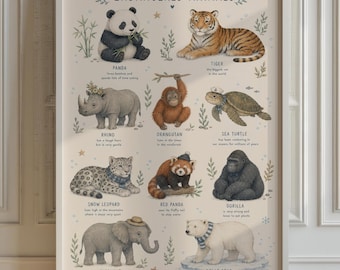 Endangered Animals Poster, Watercolor Living Room Wall Art, Kids Room Decor