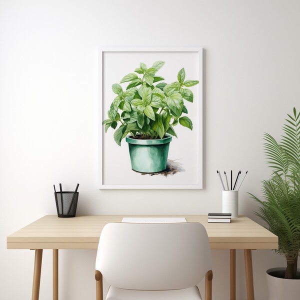 Realistic Watercolor Painting Of A Luscious Mint Plant In A Pot On A White Background, Kitchen Décor, Digital Download, Wall Art