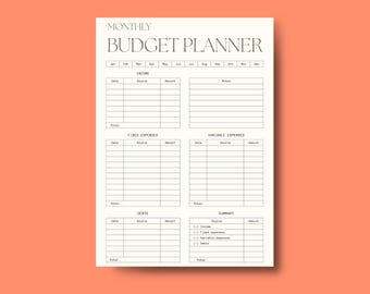 Monthly Budgeting & Printable Finance Tracker - A4/A5/Letter/Half Letter Budget Tracker Template - Money Planning Worksheet