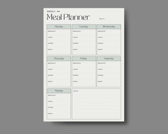 May include: A printable weekly meal planner with a light green background and a black border. The planner is divided into seven sections for each day of the week, with spaces for breakfast, lunch, dinner, and snack. There is also a notes section.