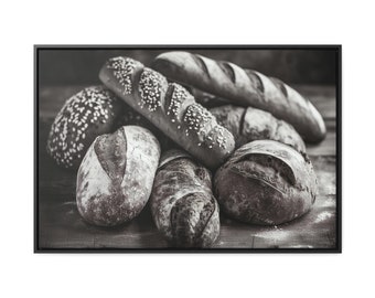 Artisan bread loaves, bakery freshness, black and white photo