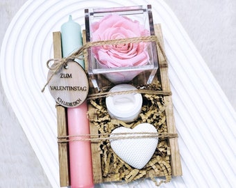 Kleines personalisiertes Valentinstagsgeschenk Hochzeitsgeschenk Verlobungsgeschenk Geburtstagsgeschenk mit Rose, Kerze, Kerzenhalter, Herz