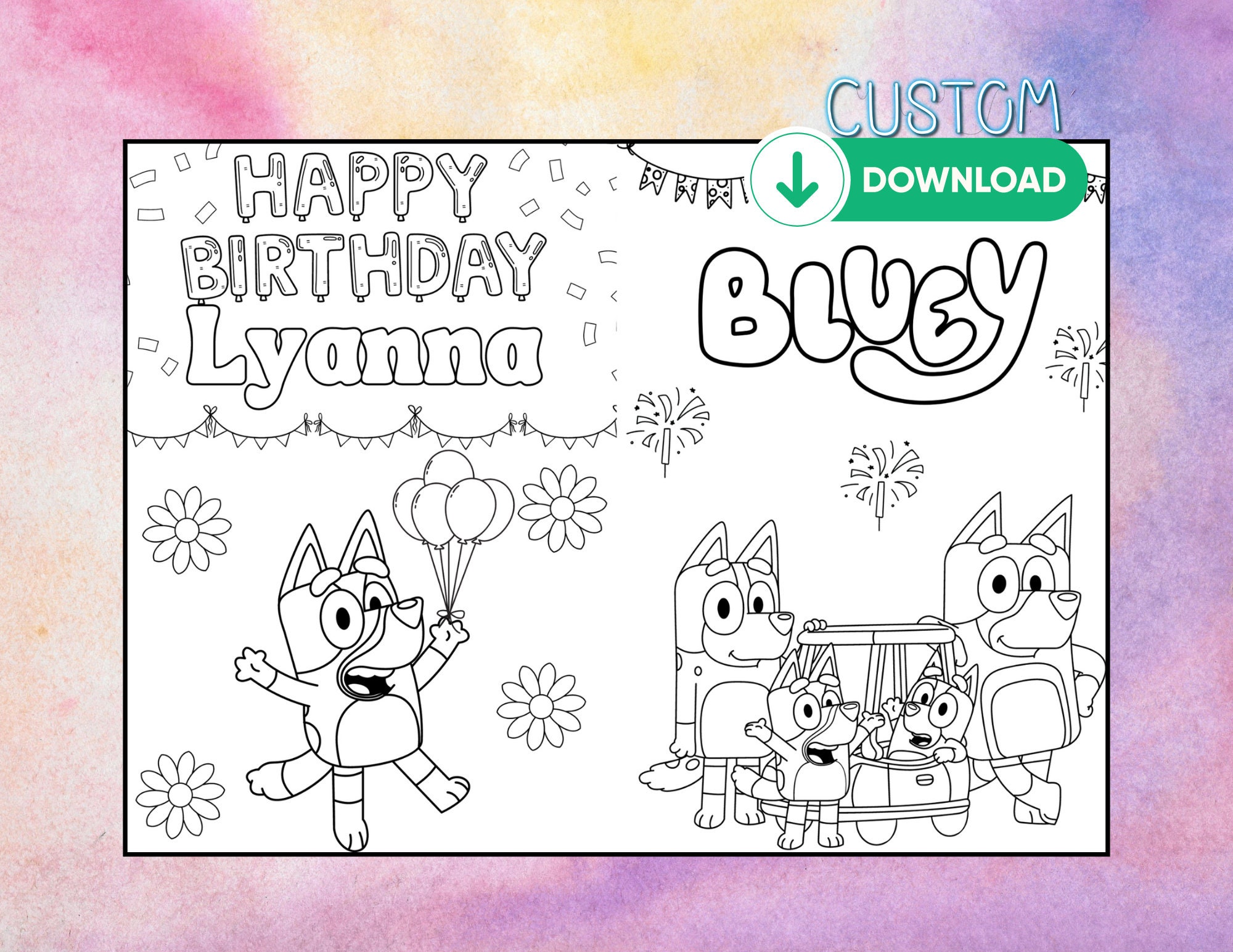 10 Custom Bluey Coloring Pages Size A5, Bluey Birthday Coloring Pages ...