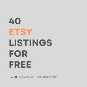 Könnte beinhalten: Textgrafik auf grauem Hintergrund mit einem Pfeil, der nach rechts zeigt. Der Text lautet "40 Etsy-Angebote kostenlos. Folgen Sie dem Link in der Beschreibung."
