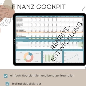 Könnte beinhalten: Ein Tablet-Bildschirm zeigt eine Tabellenkalkulation mit dem Titel "FINANZ COCKPIT" und ein Diagramm mit Finanzdaten. Der Text "RENDITE-ENTWICKLUNG" ist über das Bild gelegt. Der Text unter dem Tablet lautet: "einfach, übersichtlich und benutzerfreundlich", "frei individualisierbar", "schnelle, hilfreiche Unterstützung bei Fragen" und "jährlich wiederverwendbar, keine Abos".