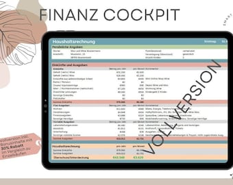 May include: A digital financial planning template on a tablet screen, showing a detailed household budget with income and expenses. The image includes the text "FINANZ COCKPIT" and icons for Excel and the Euro symbol.