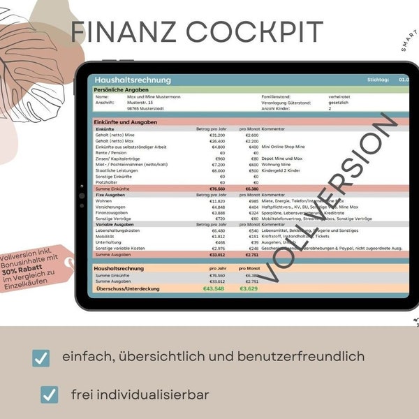 Haushaltsbuch digital - Ausgabenplanung,Rendite & Vermögen - Finanz-Cockpit einfache Excel Vorlage neu individualisierbar - Download deutsch