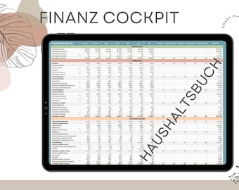 May include: A tablet screen displaying a spreadsheet with the title "FINANZ COCKPIT" and "HAUSHALTSBUCH" in a blue and white color scheme. The spreadsheet is a budget tracker with columns for income and expenses. The text below the image reads "einfach, übersichtlich und benutzerfreundlich", "frei individualisierbar", "schnelle. hilfreiche Unterstützung bei Fragen", and "jährlich wiederverwendbar, keine Abos".