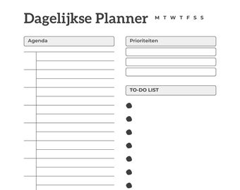 May include: A black and white daily planner with the title "Dagelijkse Planner" and the days of the week listed across the top. The planner has sections for agenda, priorities, to-do list, meal times, and notes.