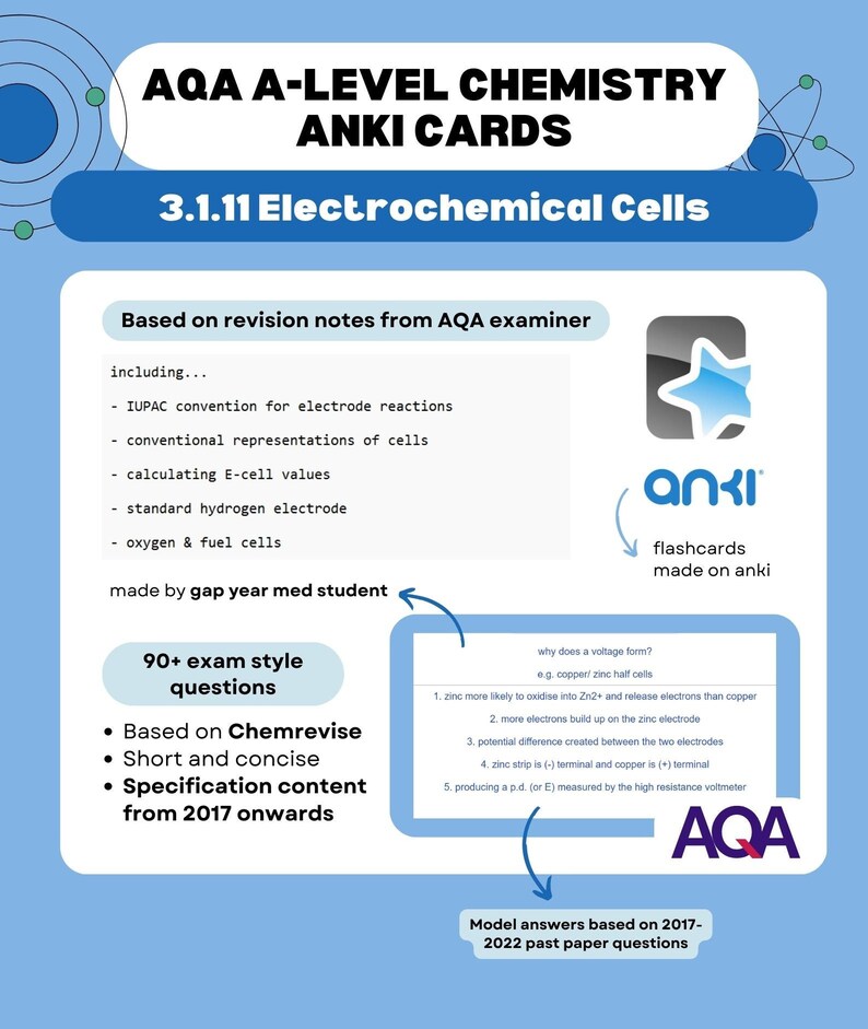 AQA Alevel Chemistry A ANKI Flashcards electrochemical Cells Etsy UK