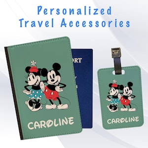 Personalized Passport Cover and Luggage Tag Set Travel Holidays Suitcase Vacation Accessory - Minnie Mouse and Mickey Green